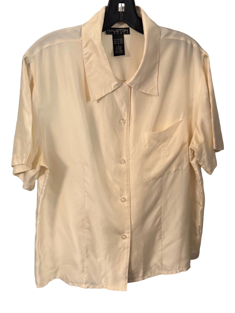 Halston VTG Button Down Silk Blouse Ivory Shirt Sleeves Pocket With Logo Sz L